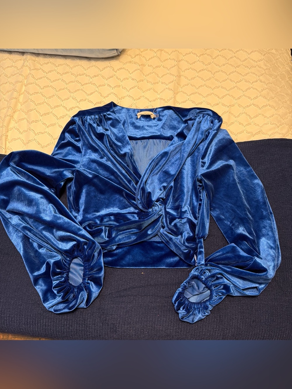 vestique Royal Blue Velvet Twist Front Crop Top